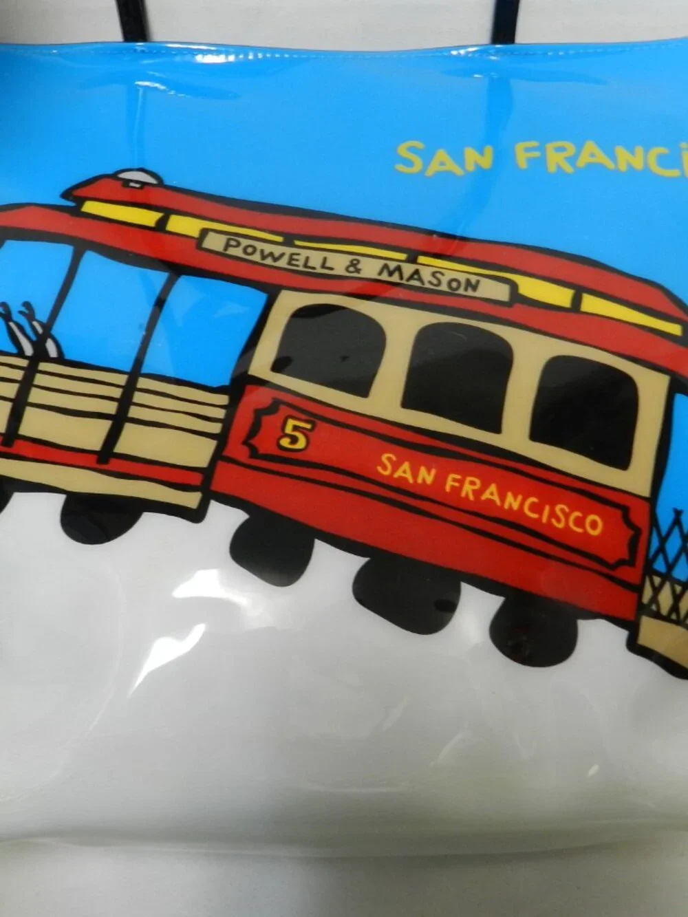 Marc Tetro San Francisco Trolley tram vinyl tote bag purse large zip blue red